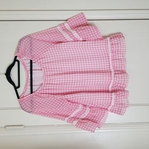 JOHN PAUL RICHARD pink white checkered peasant ruffle tiered  blouse